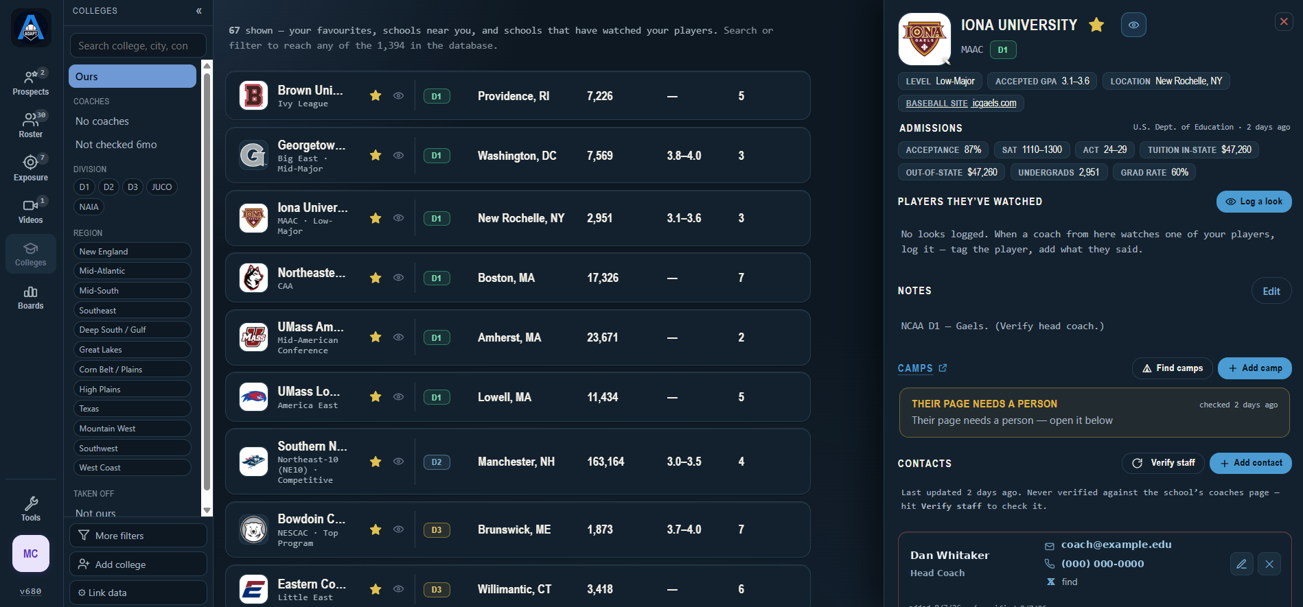The college list with a school open, showing admissions figures and coaching contacts