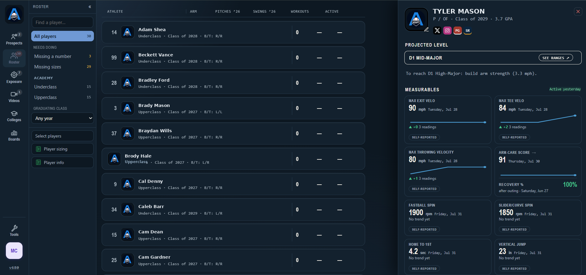 The roster, with a menu of teams and jobs on the left and a player's record open on the right